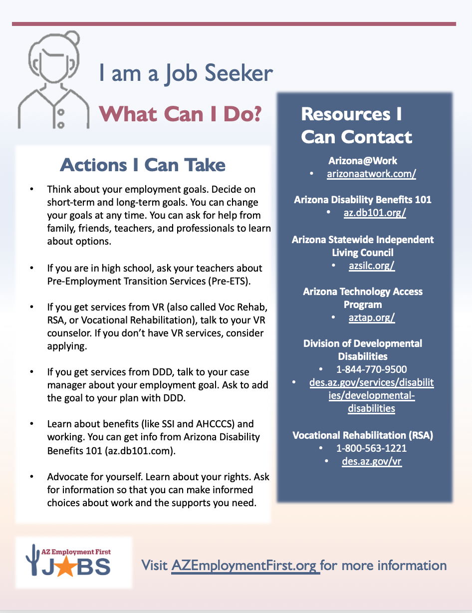 Flyer with resources and action steps for job seekers